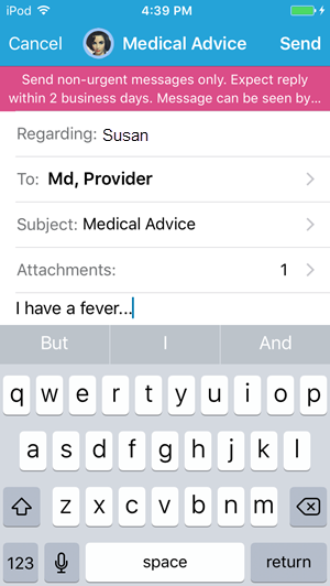 MyChart app Screen - Messaging with attachments